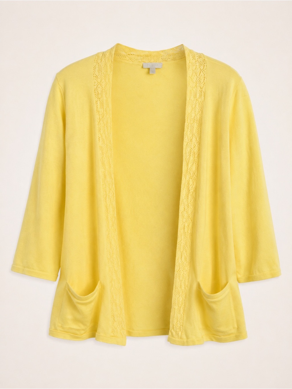 Talbots Yellow Cotton Open Front Cardigan M Crochet‎ Trim 3/4 Sleeve Pockets